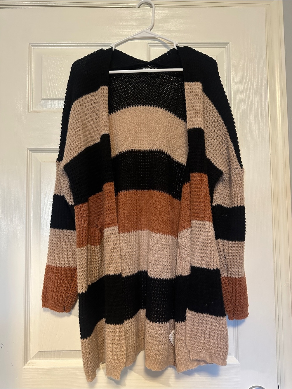 SHEIN Black, Beige & Rust Striped Open-Front Cardigan Women’s SMALL